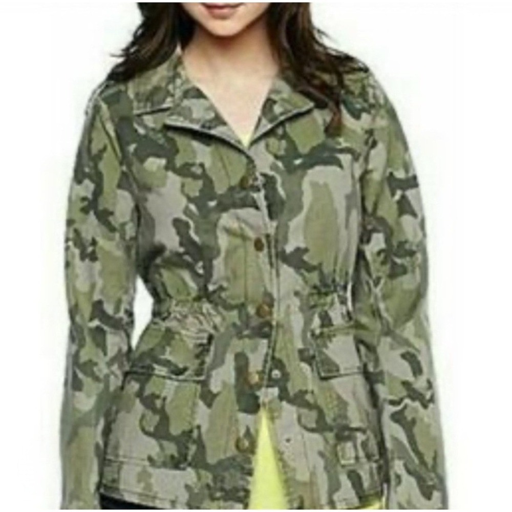 Decree Utility Jacket Women Lg Green Camo Button Front Cinch Waist Military Coat